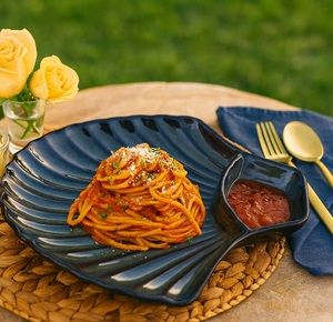 Blue <b>Ceramic</b> Leaf-Shaped Serving <b>Plate</b> With Sauce Compartment Premium Shell Design <b>Ceramic</b> Snack & Pasta Serving <b>Plate</b> - Product Image 1