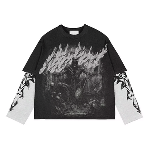 Custom Men's Custom Digital Printing Full Sleeve Oversized T-shirt Streetwear Distressed Graphic Design 220g 100% Cotton <b>Tshirts</b> - Product Image 4