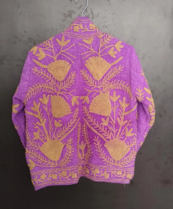 Veste matelassée réversible Suzani, marron, brodée de fleurs, respirante, en coton artisanal, broderie Crewel du Cachemire - Product Image 2