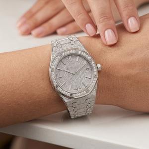 Montre automatique de luxe pour hommes et femmes, plaquée or blanc, entièrement sertie de moissanite, clarté VVS, cadran à barres, faite à la main, 2026 - Product Image 5