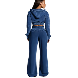 Women's Slim Fit Distress Embroidery Patch ACID WASH Flare Sweat Suit Breathable Knitted Two <b>Pullers</b> Wholesale for Winter - Product Image 4