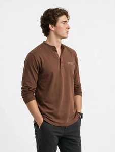 Oneten <b>Men's</b> Brown Long Sleeve <b>Henley</b> <b>Shirt</b> Casual Cotton Pocket Pullover Tee - Product Image 5