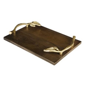 Stylish Rectangular Wooden <b>Serving</b> <b>Trays</b> With <b>Gold</b> Metal <b>Gold</b> Handles For Home Kitchen And Hotel Use Wooden Plate - Product Image 2