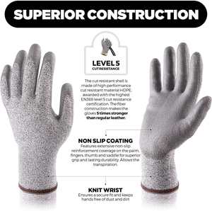 Gants de travail de sécurité sans couture 13G 15G en HPPE enduit PU, résistants aux coupures A3 A4, haute adhérence, pour usage industriel et mécanique, Vietnam - Product Image 2