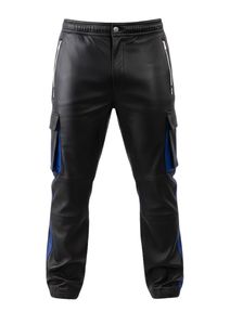 Designer Men's Royal Blue and Black Leather Athleisure Tracksuit with Full-Zip Hooded <b>Jacket</b> - Product Image 5