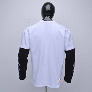 T-shirt blanc à manches longues pour homme YAHROKI de haute qualité, manches contrastées noires, col rond uni, coupe classique, 100% coton 240g - Product Image 2