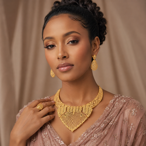 Luxury Arabic Dubai Style Brass 18K Gold Plated Flower Filigree Statement <b>Necklace</b> Set Earrings <b>Ring</b> | Elegant Bridal Women - Product Image 3
