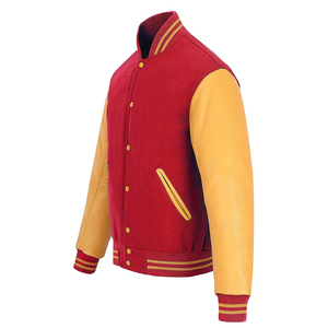 Men's <b>Red</b> And Yellow Varsity Jacket With Leather Sleeves Stand Collar Casual Style Autumn Wear - Product Image 2