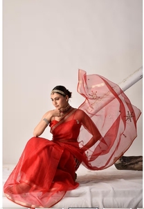 KV <b>Red</b> Kota Hand Embroidered Saree With Unstitched <b>Blouse</b> - Product Image 2
