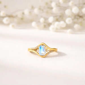 Moonstone <b>Emerald</b> Cut <b>Ring</b> Split Shank June Birthstone <b>Ring</b> 925 Sterling <b>Silver</b> 18K Gold Filled Minimalist Statement Jewelry - Product Image 1