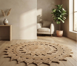 Tapis rond en jute beige noir de grande taille fait main, couleur unie, antidérapant, écologique, pour la décoration intérieure, les hôtels - Product Image 1