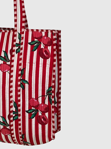 Sac fourre-tout en toile brodé cerises rayé rouge et blanc, sac de shopping pour femme à fermeture ouverte, toutes saisons - Product Image 2