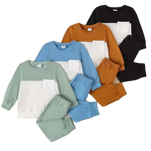 Conjunto de 4 piezas para bebé niño y niño pequeño, diseño con bolsillos, cuello redondo, manga larga, top ajustado + pantalones largos casuales ajustados, para primavera y otoño - Product Image 1