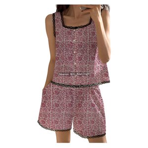 Conjunto de Pijama Corto de Algodón con Estampado Floral Bohemio y Ribete de Encaje para Mujer, Conjunto de Pijama sin Mangas con Estampado Floral para Primavera/Verano, Venta al por Mayor - Product Image 6