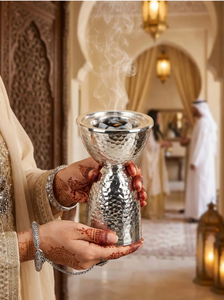 Brûleur d'encens Bakhoor en métal argenté martelé de luxe, brûleur d'oud arabe, porte-encens à charbon de bois pour la décoration intérieure, parmi les plus vendus - Product Image 5