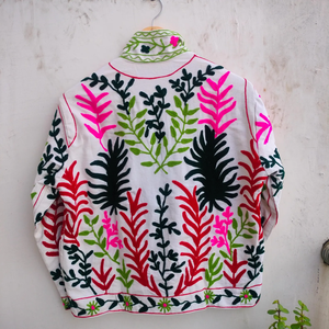 Boho Hand-Embroidered White Cotton Quilted <b>Jacket</b> Artisanal Floral Suzani Winter Wear <b>Blazer</b> Cardigan Vibrant Indian Ethnic Coat - Product Image 2