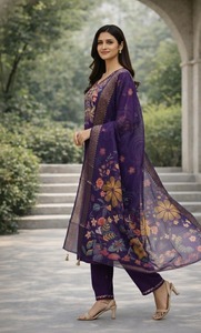 Ensemble Kurta et pantalon 3 pièces en coton et soie pour femme, brodé, avec dupatta jacquard à imprimé numérique scintillant - Product Image 4
