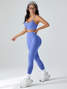 Womens Seamless Activewear 2 Piece <b>Set</b> Strappy <b>Cami</b> Bra and Geometric Lattice Knit Leggings Tight Sport Yoga Suit Tracksuit - Product Image 5