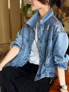 Hardihood International Light Wash Denim <b>Jacket</b> for Women Distressed Frayed Hem Rhinestone Floral Button Front Formal Breathable - Product Image 5
