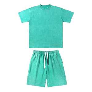 Ensemble homme été personnalisé : T-shirt col rond délavé à l'acide et short avec impression sérigraphiée, 100% coton, grandes tailles - Product Image 1