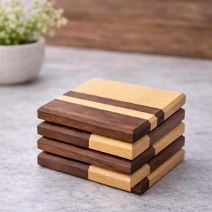 Modern Wooden Striped Square Coaster Set <b>Non</b> <b>Slip</b> <b>Mats</b> Pads Cups Mugs Tableware Accessories Heat Resistant Eco-Friendly UO INDIA - Product Image 6
