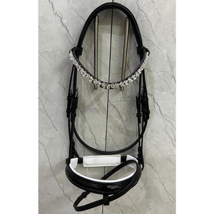 LLT <b>Black</b> Leather English Horse Bridle Patent Noseband Crystal <b>Rhinestone</b> Browband Stainless Steel Fittings White Padding Custom - Product Image 1
