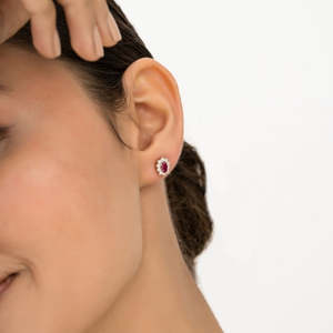 14K Yellow Gold Oval Ruby and Diamond Cluster Stud Earrings - Product Image 3