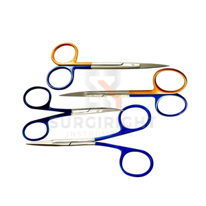 Tijeras profesionales de iris de 4.5 pulgadas con punta afilada, cuchillas rectas y curvas, mango codificado por colores, herramienta quirúrgica alemana, Blush Surgical CE - Product Image 3