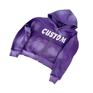 Sweat à capuche zippé unisexe en coton 100% avec broderie patch et effet délavé soleil, style streetwear avec fermeture éclair vieillie - Product Image 6