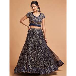 Merveilleux fil bleu marine brodé net fête porter Lehenga Choli - Product Image 4