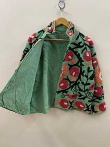 Embroidered Floral Woven <b>Quilted</b> Stand Collar Suzani Open Front Autumn <b>Winter</b> Bomber Jacket 100% Cotton Canvas Waterproof - Product Image 3