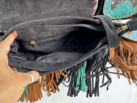 Sac à main en cuir de vachette avec franges, bordure turquoise sculptée, sac bandoulière de style western, sac à franges bohème, sac à main pour femme