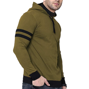 Sweat-shirt à capuche pour homme, vert olive, coupe ajustée, manches longues, pull en tricot décontracté avec rayures noires et poche - Product Image 1