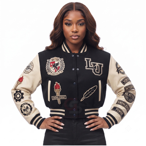 Baseball <b>high</b> quality <b>top</b> Custom Design Logo Varsity Jackets Baseball Jackets <b>Leather</b> Sleeve Women's Jackets Lady Crop Jackets - Product Image 1