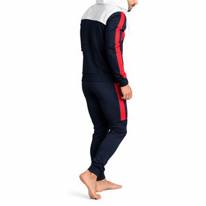 Men's Navy Red White Eco-Friendly 100% Cotton Full <b>Zip</b> <b>Hooded</b> Tracksuit with Side Pockets Regular Fit Sporty Winter Wear - Product Image 2