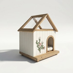 Maison pour animaux de compagnie en bois avec motif floral pour petits chiens, style villa d'intérieur, blanc et bois - Product Image 5