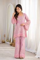 Ensemble Salwar Kameez long en velours tissé brodé rose pour femme, avec haut en maille florale et pantalon, idéal pour les mariages et les fêtes