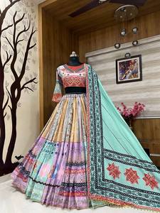 Women Cotton Lehenga Choli with Dupatta <b>Mirror</b> Work Digital Print Quick Dry Ethnic Dress for Wedding Party - Product Image 6
