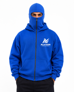 Premium Oversized Blue Balaclava Hoodie for Men Full <b>Zip</b> Heavyweight Cotton Fleece <b>Hooded</b> Sweatshirt Custom Logo Streetwear OEM - Product Image 2