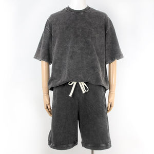 Wholesale 100%cotton <b>drop</b> shoulder oversized t-shirts two pieces men's sets activewear training <b>acid</b> wash vintage shorts set - Product Image 1