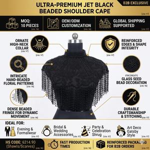 Cape d'épaule en nylon noir perlé Ellora pour femme, col montant, franges, broderie, pour soirée, mariage, vêtement de mode - Product Image 6