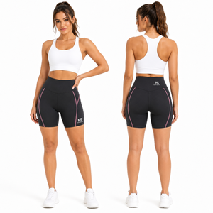 Shorts cycliste taille haute pour femme, noir et rose poudré, avec passepoil contrastant, logo personnalisé, compression, pour gym, yoga et activewear, marque privée, vente en gros - Product Image 3