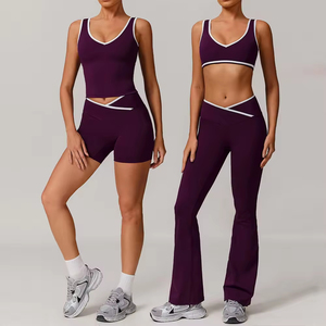 Conjunto de Yoga sin Costuras de 2 Piezas, Top Corto de Cintura Alta y Pantalones Cortos, Color Sólido, Espalda Cruzada, Ropa Deportiva para Mujer - Product Image 1