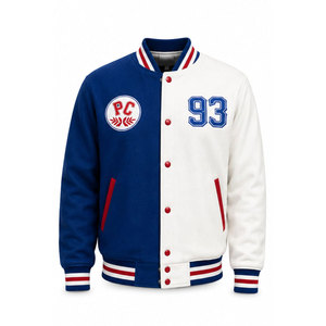 เสื้อแจ็คเก็ตวาร์ซิตี้สีน้ำเงินขาวสำหรับผู้ชาย สไตล์พรีปปี้ ปักลาย PC 93  ตกแต่งด้วยการตัดต่อสี  ปกเสื้อแบบพับได้ ทรงปกติ - Product Image 2