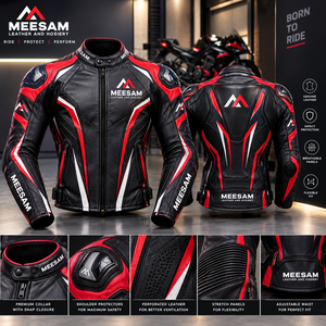 Blouson de moto en cuir tanné respirant et perforé avec protections d'épaule, en cuir de vachette, style kangourou - Product Image 4