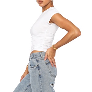 T-shirt court rose pour femme, manches courtes, coupe ajustée, col rond, décontracté, en jersey de coton, pour le printemps et l'été - Product Image 4