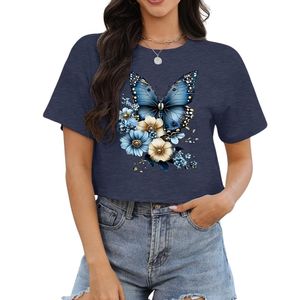 T-shirt personnalisé bleu marine à motifs floraux, vente en gros, haute qualité, coton peigné respirant, manches courtes, décontracté, crop top pour femmes - Product Image 1