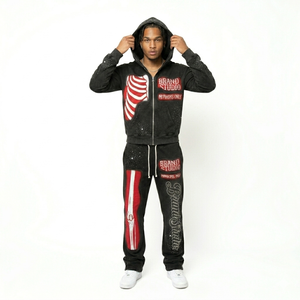 Conjunto de 2 piezas de sudadera con capucha y cremallera para hombre, diseño de canalé negro y rojo, con pedrería, estilo urbano, manga larga, a la moda - Product Image 6