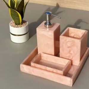 Designer Four-Piece <b>Bathroom</b> <b>Decor</b> Items Easy-Clean White Resin Set Handcrafted Rectangle Shape - Product Image 6