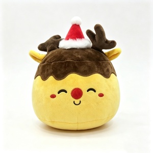 Peluche de reno personalizado que parpadea, peluche de reno amarillo redondo con astas marrones, peluche de reno con gorro de Papá Noel, peluche de reno con nariz roja - Product Image 2